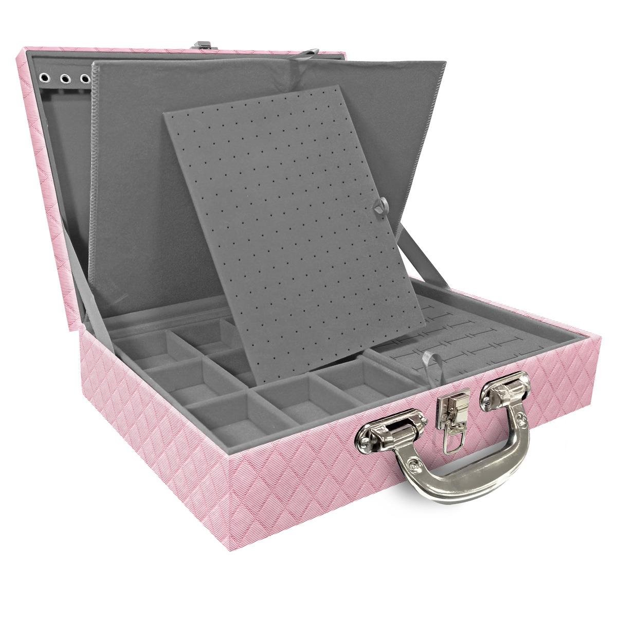 Estojo Maleta Porta Jóias Dupla Grande Dijon Rosa Bebê Metalizado Com Alça Cromada e Imã