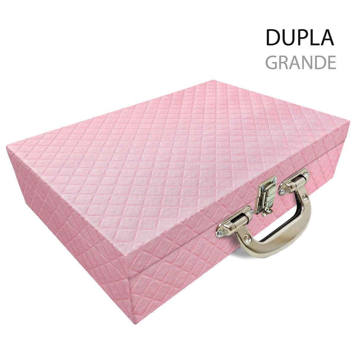 Estojo Maleta Porta Jóias Dupla Grande Dijon Rosa Bebê Metalizado Com Alça Cromada e Imã