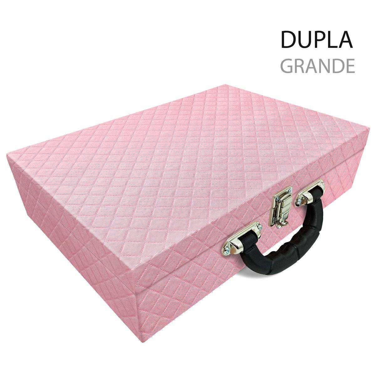 Estojo Maleta Porta Jóias Dupla Grande Dijon Rosa Bebê Metalizado Com Alça Preta e Espelho
