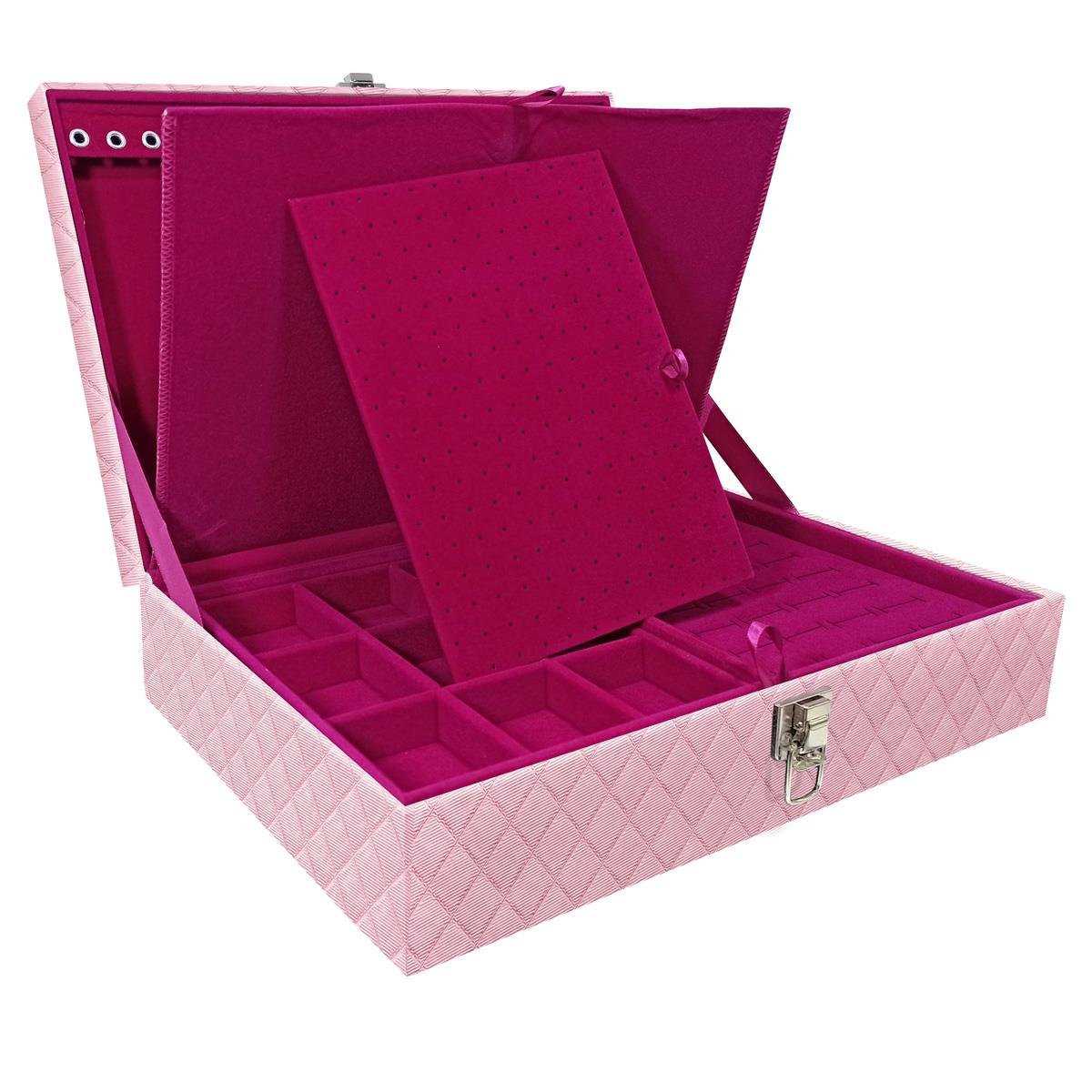 Estojo Maleta Porta Jóias Dupla Grande Dijon Rosa Bebê Metalizado Sem Alça e Com Imã