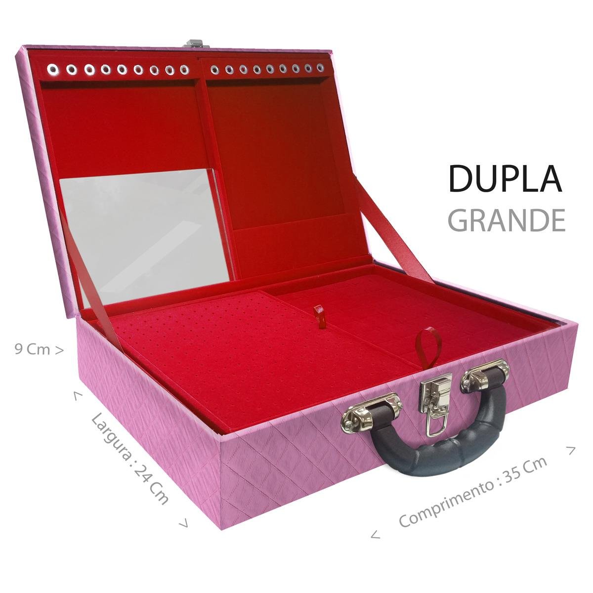 Maleta Dupla Grande Djon Rosa Médio Com Alça Preta e Espelho