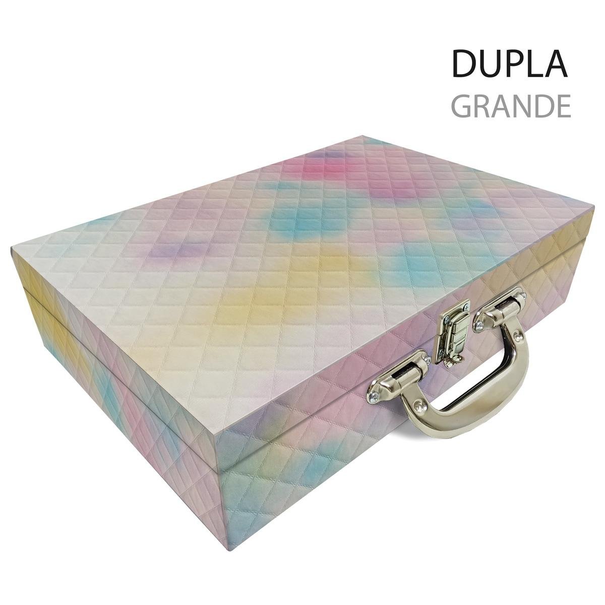Estojo Maleta Porta Jóias Duplo Grande Dijon Tie Dye Com Alça Cromada e Espelho