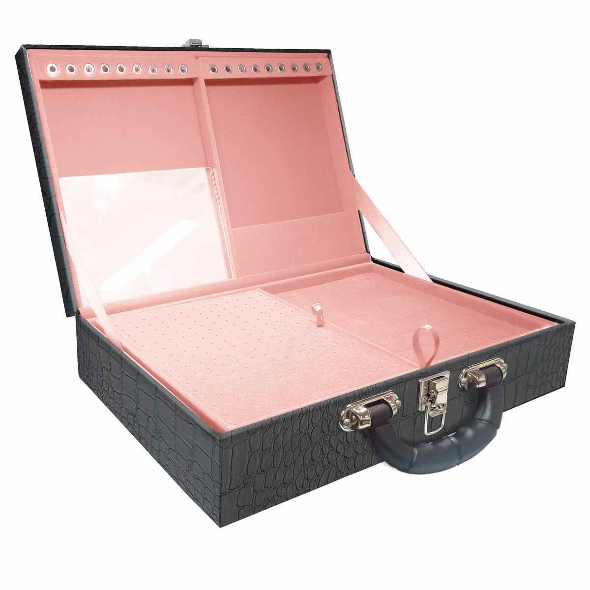 Estojo Maleta Porta Jóias Duplo Grande Dinossauro Com Alça Preta e Espelho