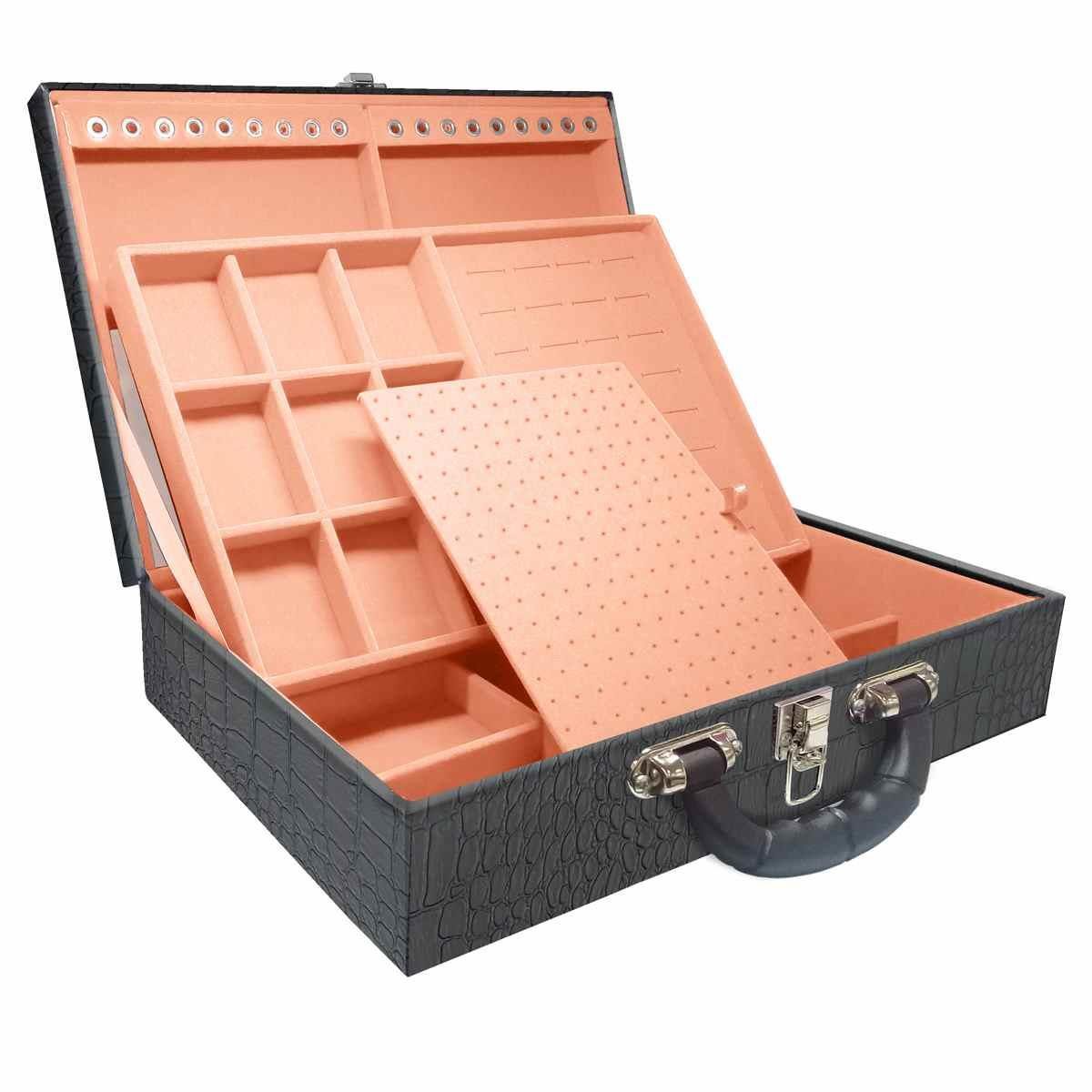 Estojo Maleta Porta Jóias Duplo Grande Dinossauro Com Alça Preta e Espelho