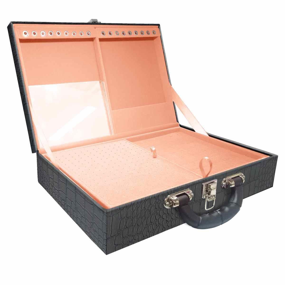 Estojo Maleta Porta Jóias Duplo Grande Dinossauro Com Alça Preta e Espelho