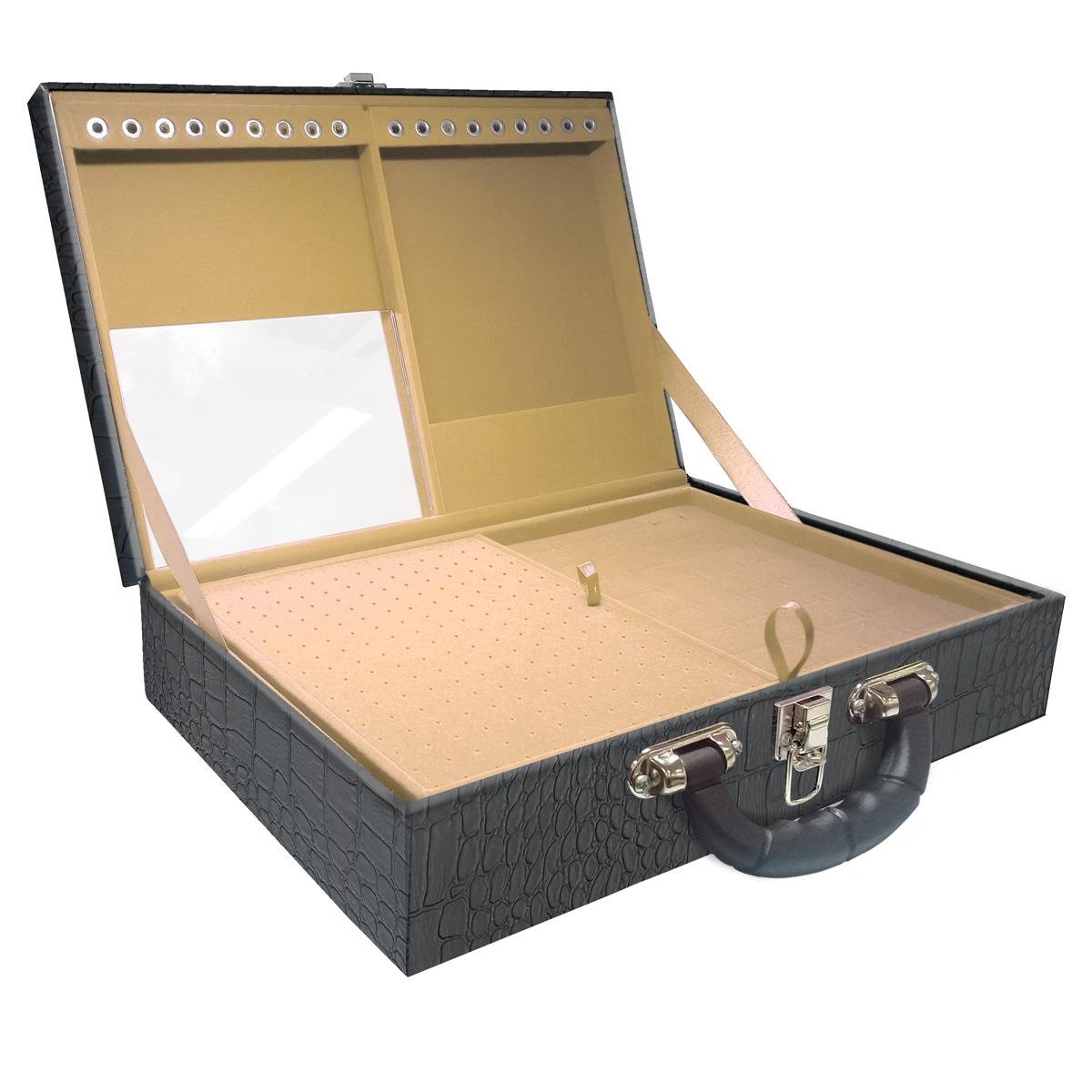 Estojo Maleta Porta Jóias Duplo Grande Dinossauro Com Alça Preta e Espelho