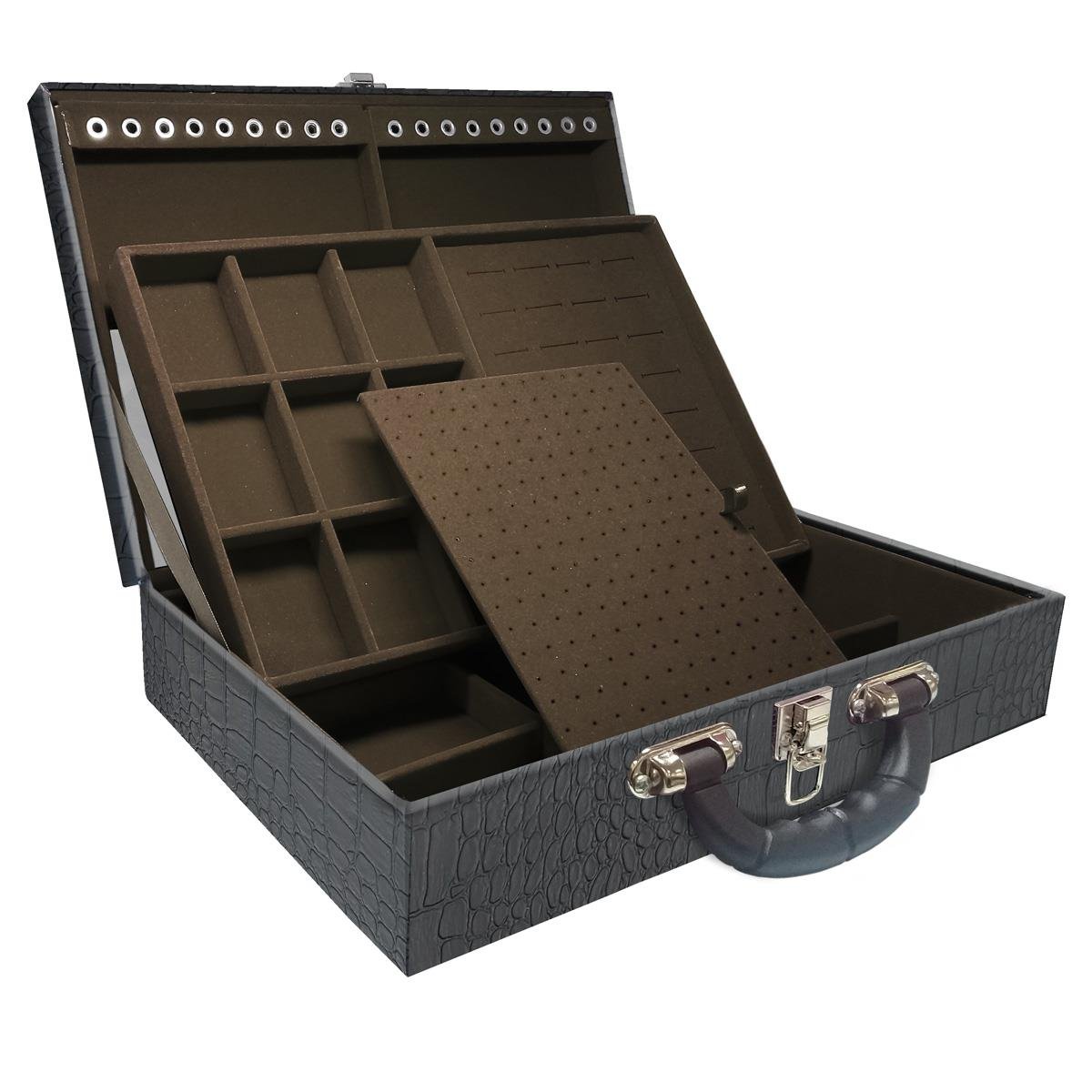 Estojo Maleta Porta Jóias Duplo Grande Dinossauro Com Alça Preta e Espelho