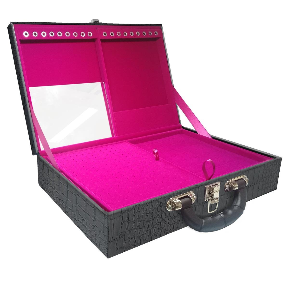 Estojo Maleta Porta Jóias Duplo Grande Dinossauro Com Alça Preta e Espelho