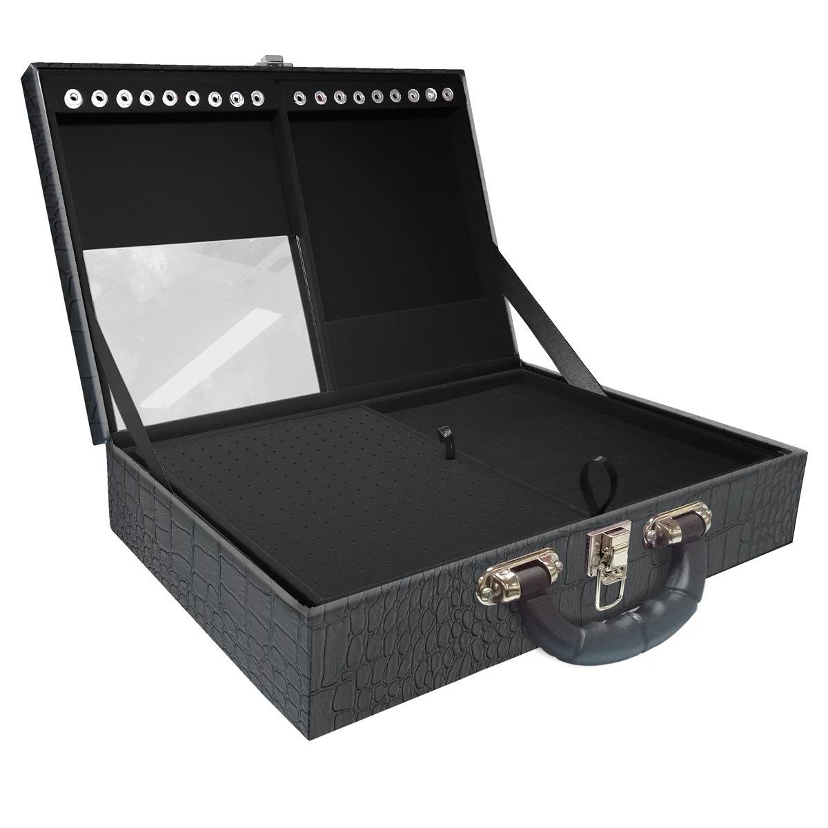 Estojo Maleta Porta Jóias Duplo Grande Dinossauro Com Alça Preta e Espelho