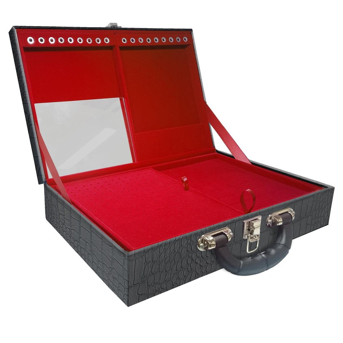 Estojo Maleta Porta Jóias Duplo Grande Dinossauro Com Alça Preta e Espelho