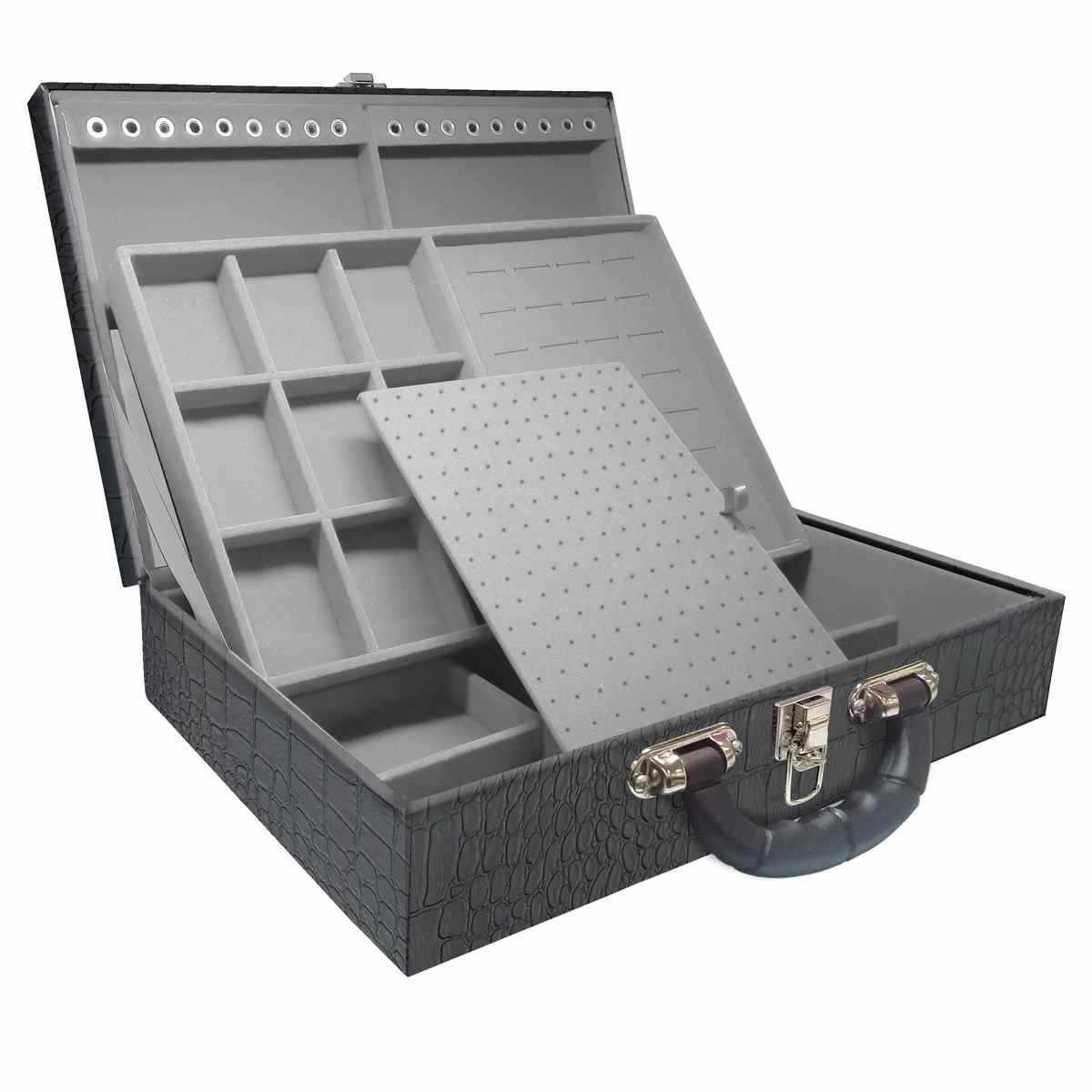 Estojo Maleta Porta Jóias Duplo Grande Dinossauro Com Alça Preta e Espelho