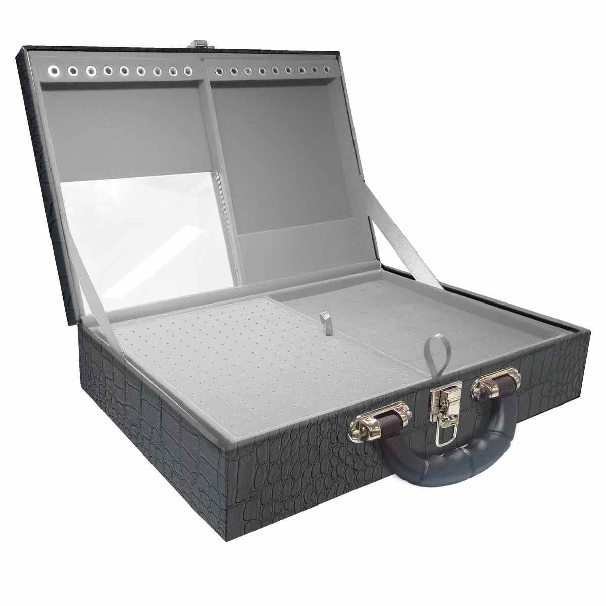 Estojo Maleta Porta Jóias Duplo Grande Dinossauro Com Alça Preta e Espelho