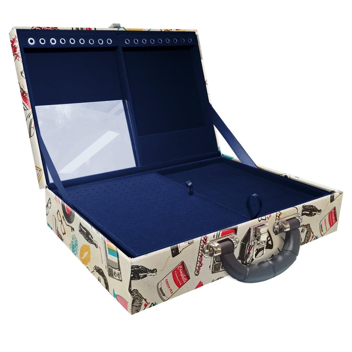 Estojo Maleta Porta Jóias Duplo Grande Disco Retrô Com Alça Preta e Espelho