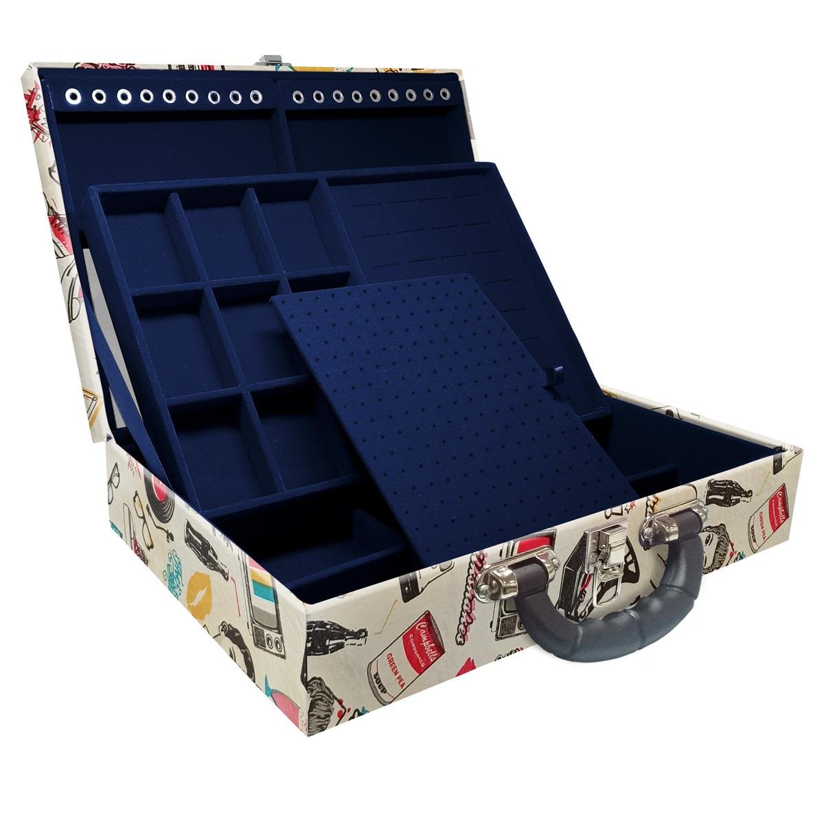 Estojo Maleta Porta Jóias Duplo Grande Disco Retrô Com Alça Preta e Espelho