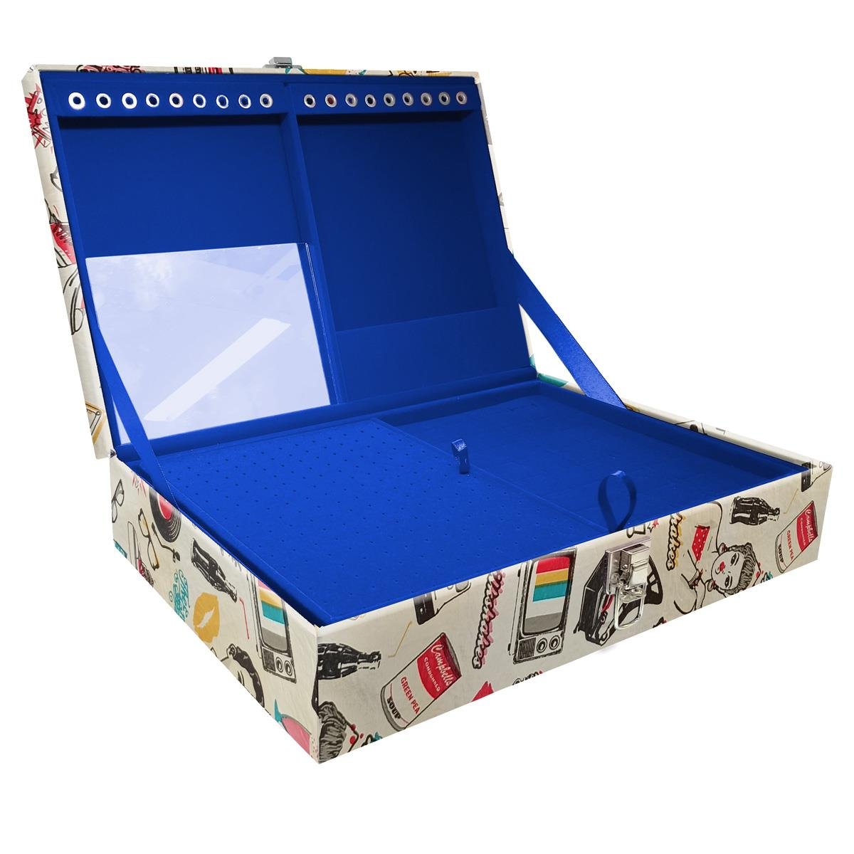 Estojo Maleta Porta Jóias Duplo Grande Disco Retrô Com Alça Preta e Espelho