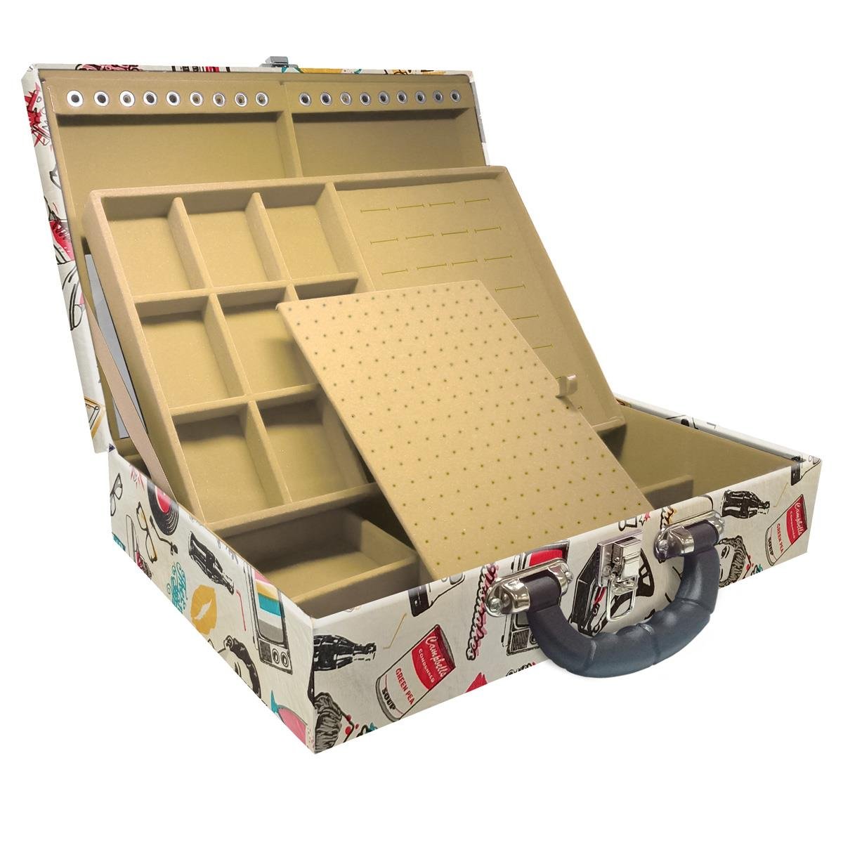 Estojo Maleta Porta Jóias Duplo Grande Disco Retrô Com Alça Preta e Espelho