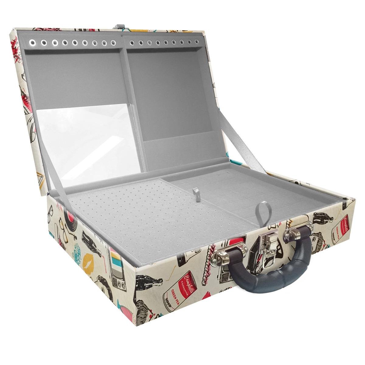 Estojo Maleta Porta Jóias Duplo Grande Disco Retrô Com Alça Preta e Espelho