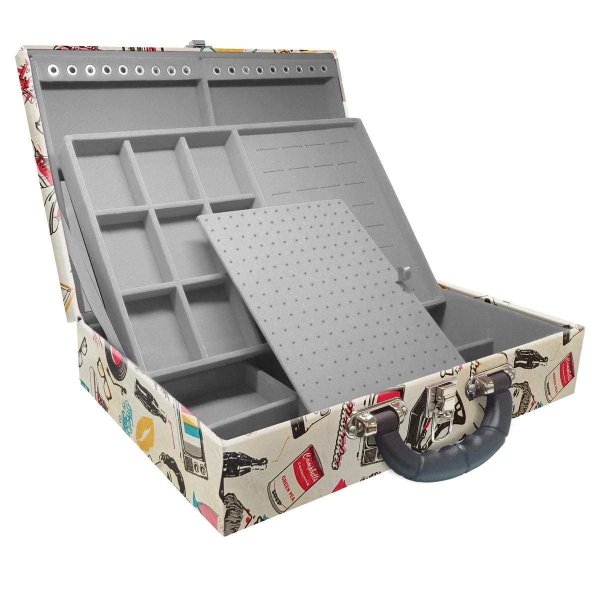 Estojo Maleta Porta Jóias Duplo Grande Disco Retrô Com Alça Preta e Espelho