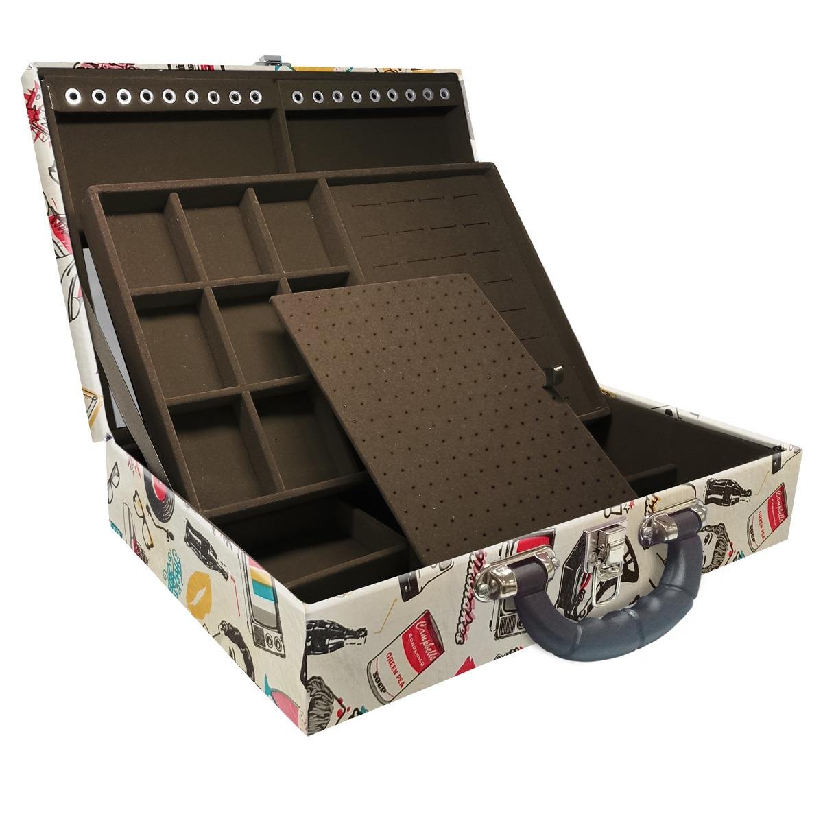 Estojo Maleta Porta Jóias Duplo Grande Disco Retrô Com Alça Preta e Espelho