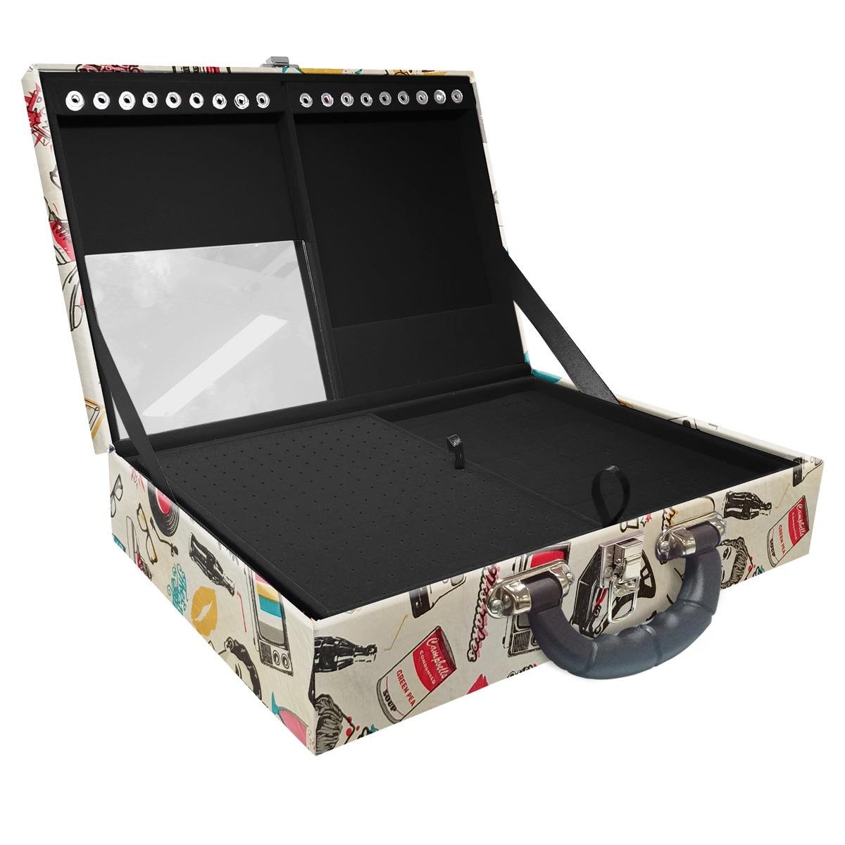 Estojo Maleta Porta Jóias Duplo Grande Disco Retrô Com Alça Preta e Espelho