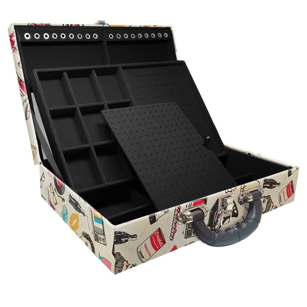 Estojo Maleta Porta Jóias Duplo Grande Disco Retrô Com Alça Preta e Espelho