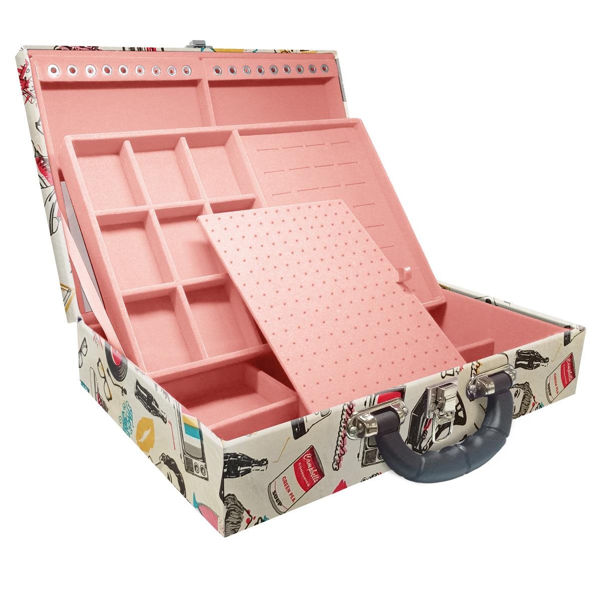 Estojo Maleta Porta Jóias Duplo Grande Disco Retrô Com Alça Preta e Espelho