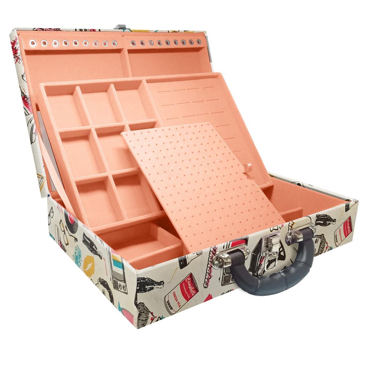 Estojo Maleta Porta Jóias Duplo Grande Disco Retrô Com Alça Preta e Espelho