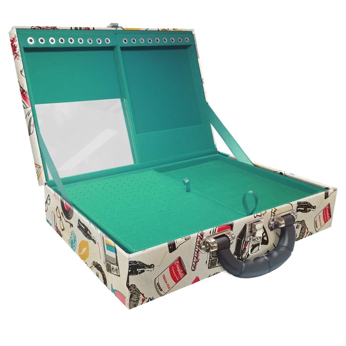 Estojo Maleta Porta Jóias Duplo Grande Disco Retrô Com Alça Preta e Espelho