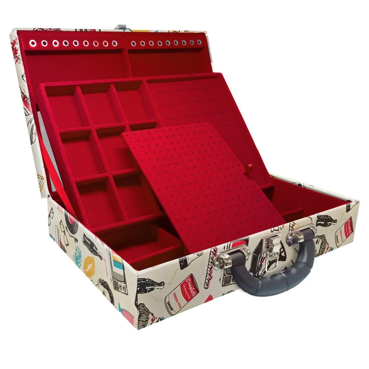 Estojo Maleta Porta Jóias Duplo Grande Disco Retrô Com Alça Preta e Espelho