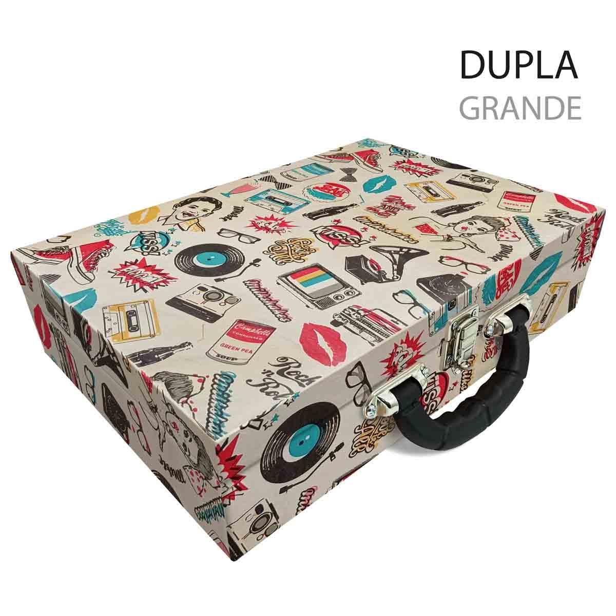 Estojo Maleta Porta Jóias Duplo Grande Disco Retrô Com Alça Preta e Espelho