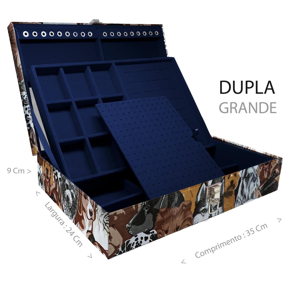 Estojo Maleta Porta Jóias Duplo Grande Dogs Sem Alça e Com Espelho