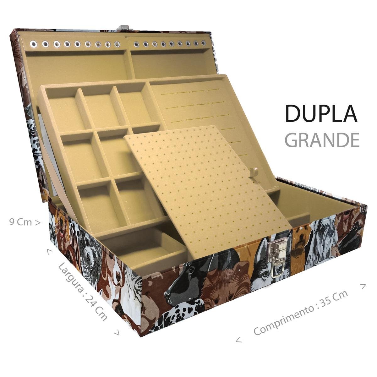 Estojo Maleta Porta Jóias Duplo Grande Dogs Sem Alça e Com Espelho