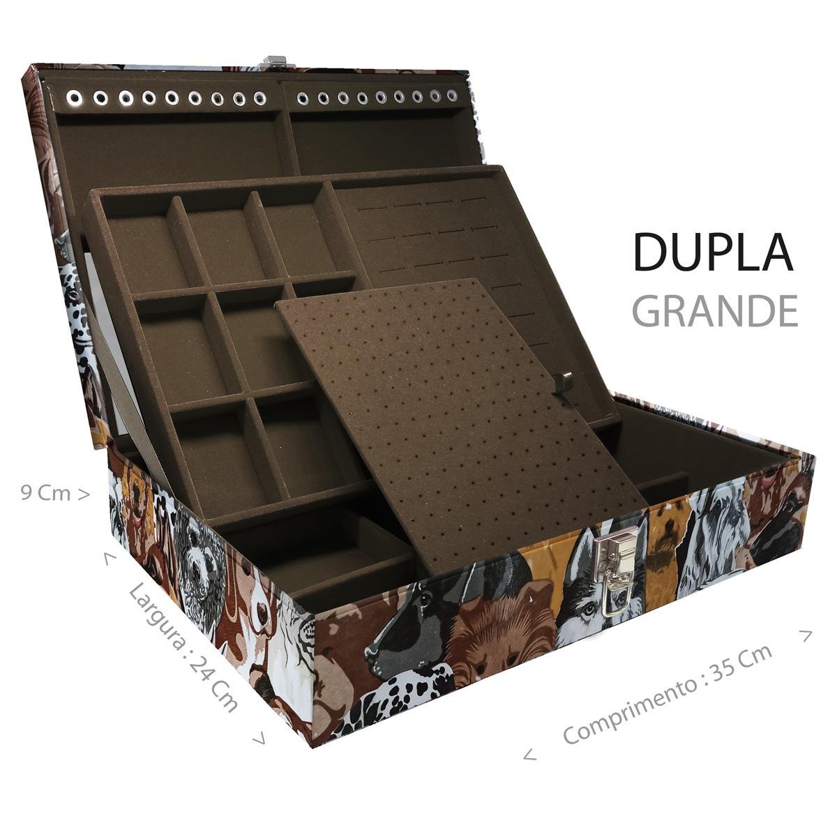 Estojo Maleta Porta Jóias Duplo Grande Dogs Sem Alça e Com Espelho