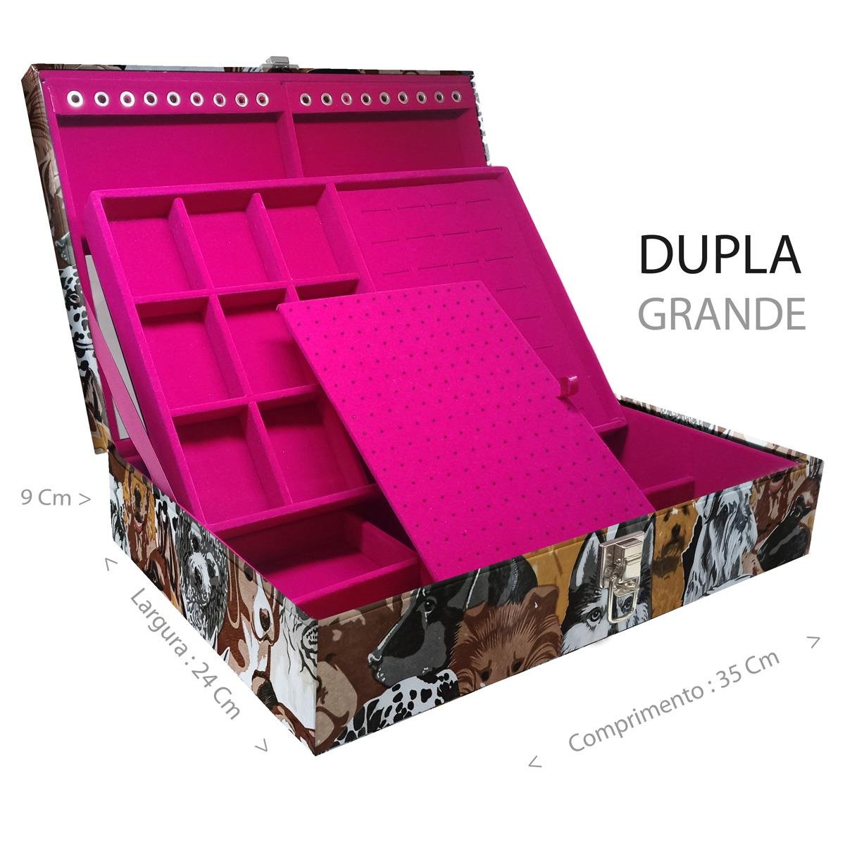 Estojo Maleta Porta Jóias Duplo Grande Dogs Sem Alça e Com Espelho