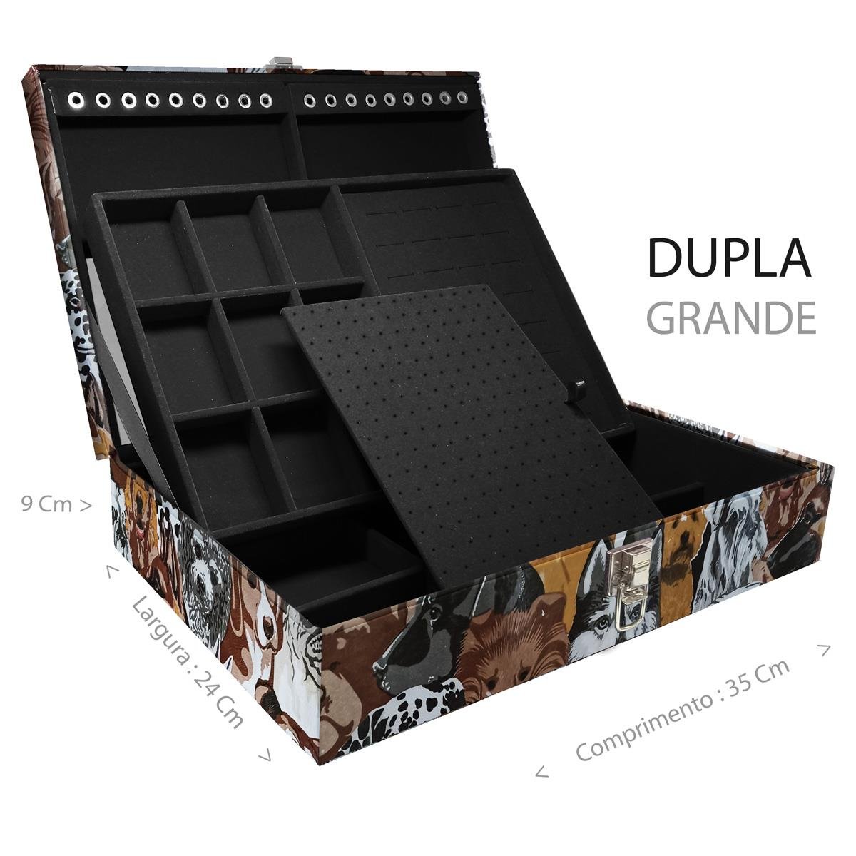 Estojo Maleta Porta Jóias Duplo Grande Dogs Sem Alça e Com Espelho
