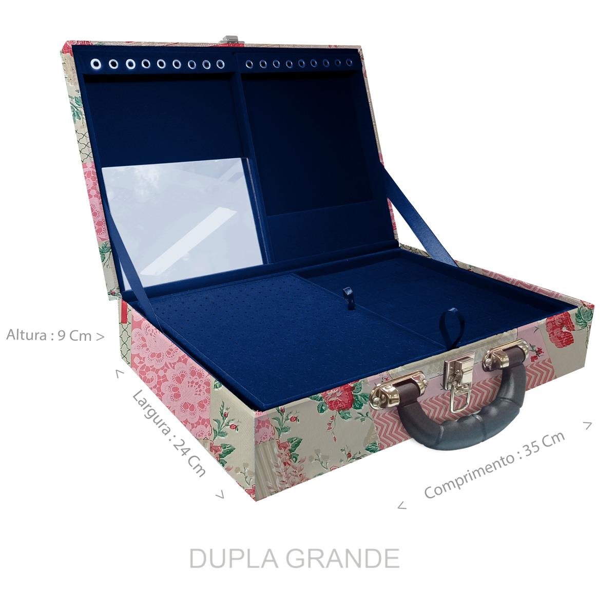 Estojo Maleta Porta Jóias Duplo Grande Feel Good Com Alça Preta e Espelho