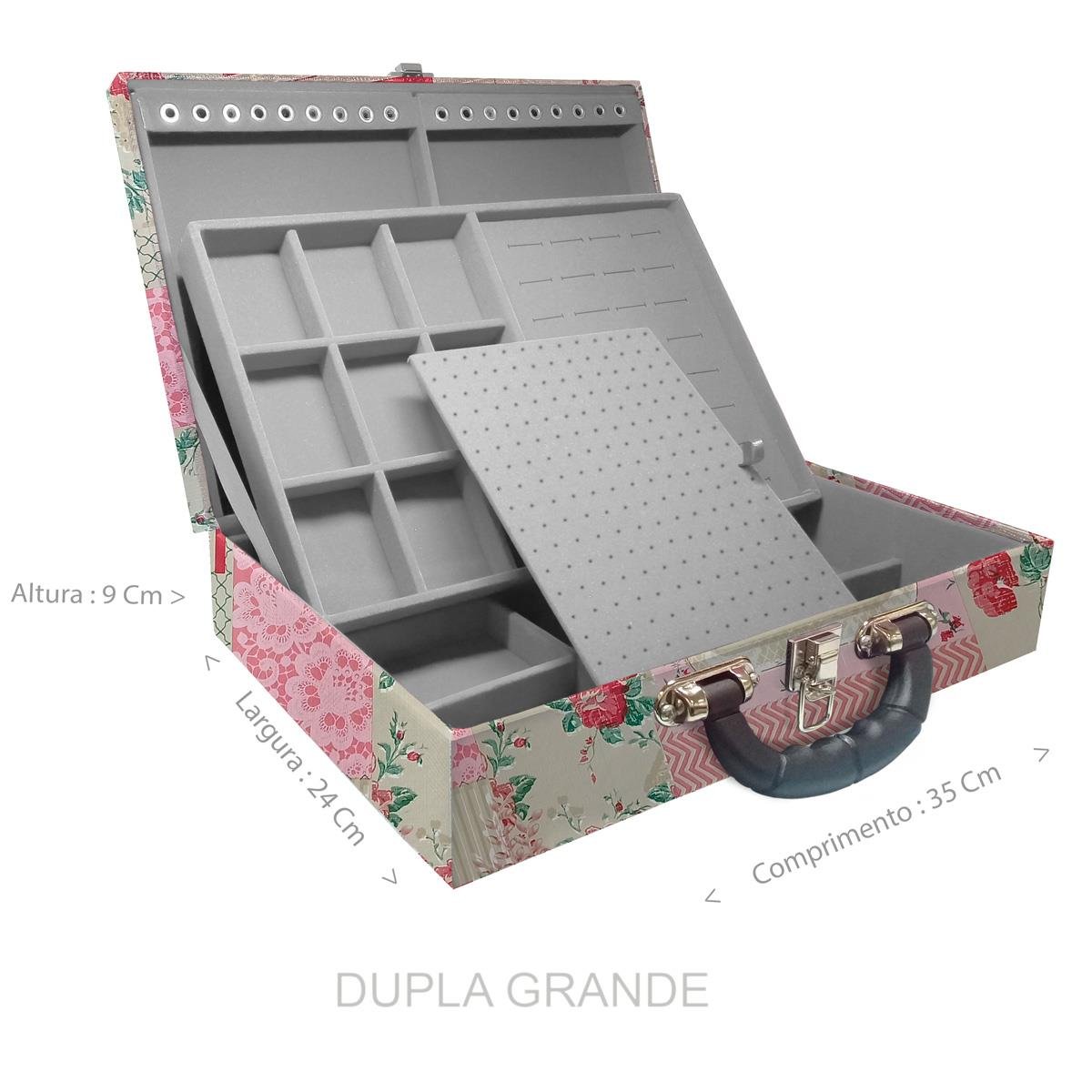 Estojo Maleta Porta Jóias Duplo Grande Feel Good Com Alça Preta e Espelho