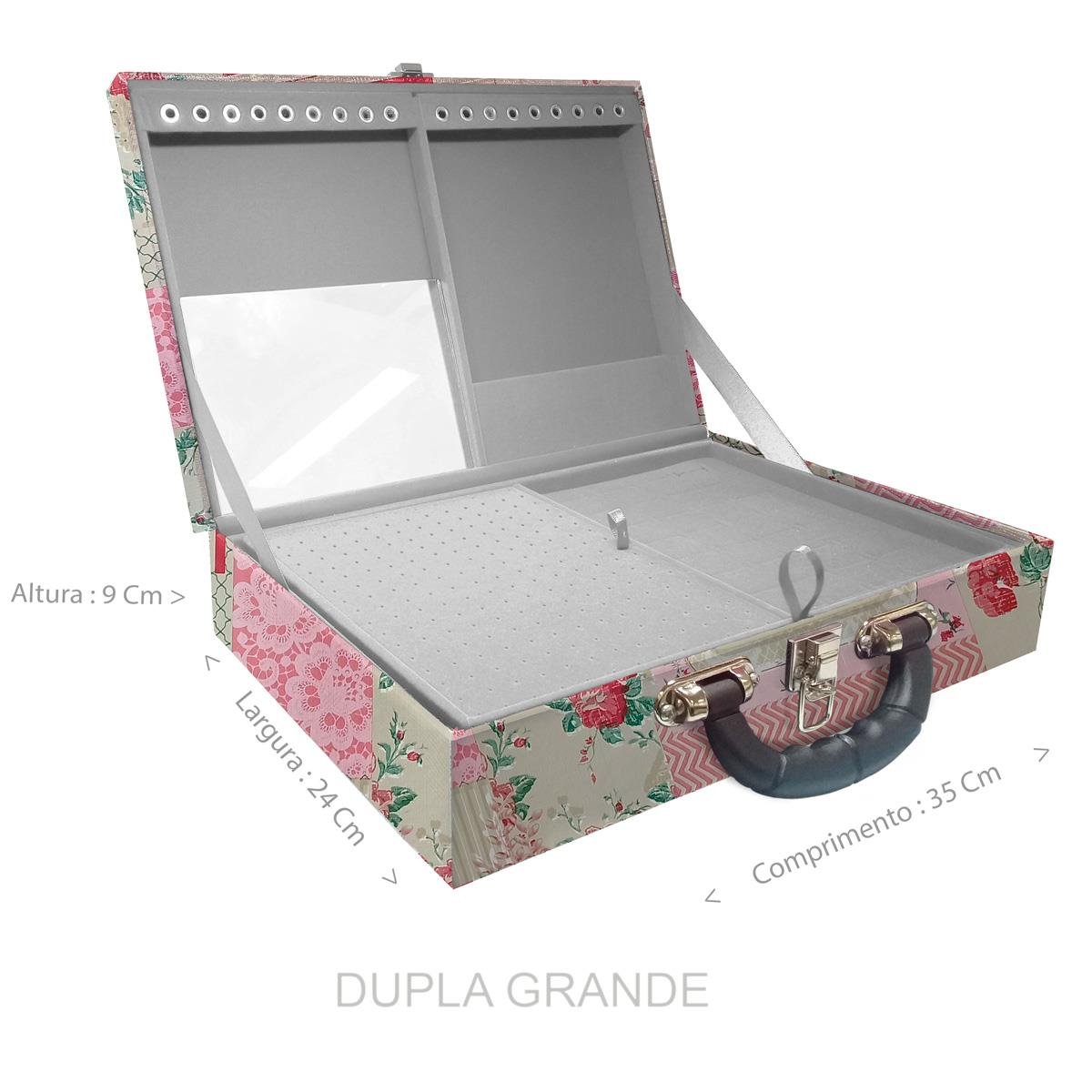 Estojo Maleta Porta Jóias Duplo Grande Feel Good Com Alça Preta e Espelho