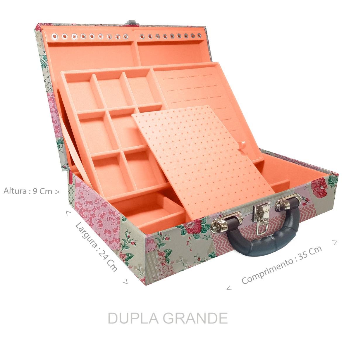 Estojo Maleta Porta Jóias Duplo Grande Feel Good Com Alça Preta e Espelho