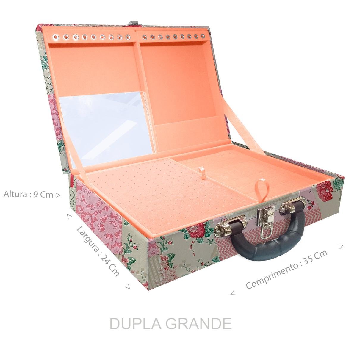 Estojo Maleta Porta Jóias Duplo Grande Feel Good Com Alça Preta e Espelho