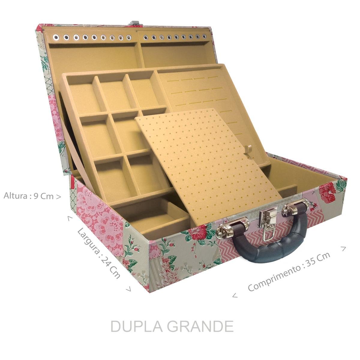 Estojo Maleta Porta Jóias Duplo Grande Feel Good Com Alça Preta e Espelho