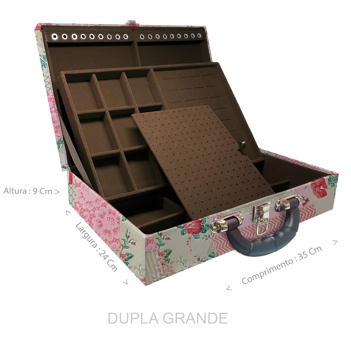 Estojo Maleta Porta Jóias Duplo Grande Feel Good Com Alça Preta e Espelho