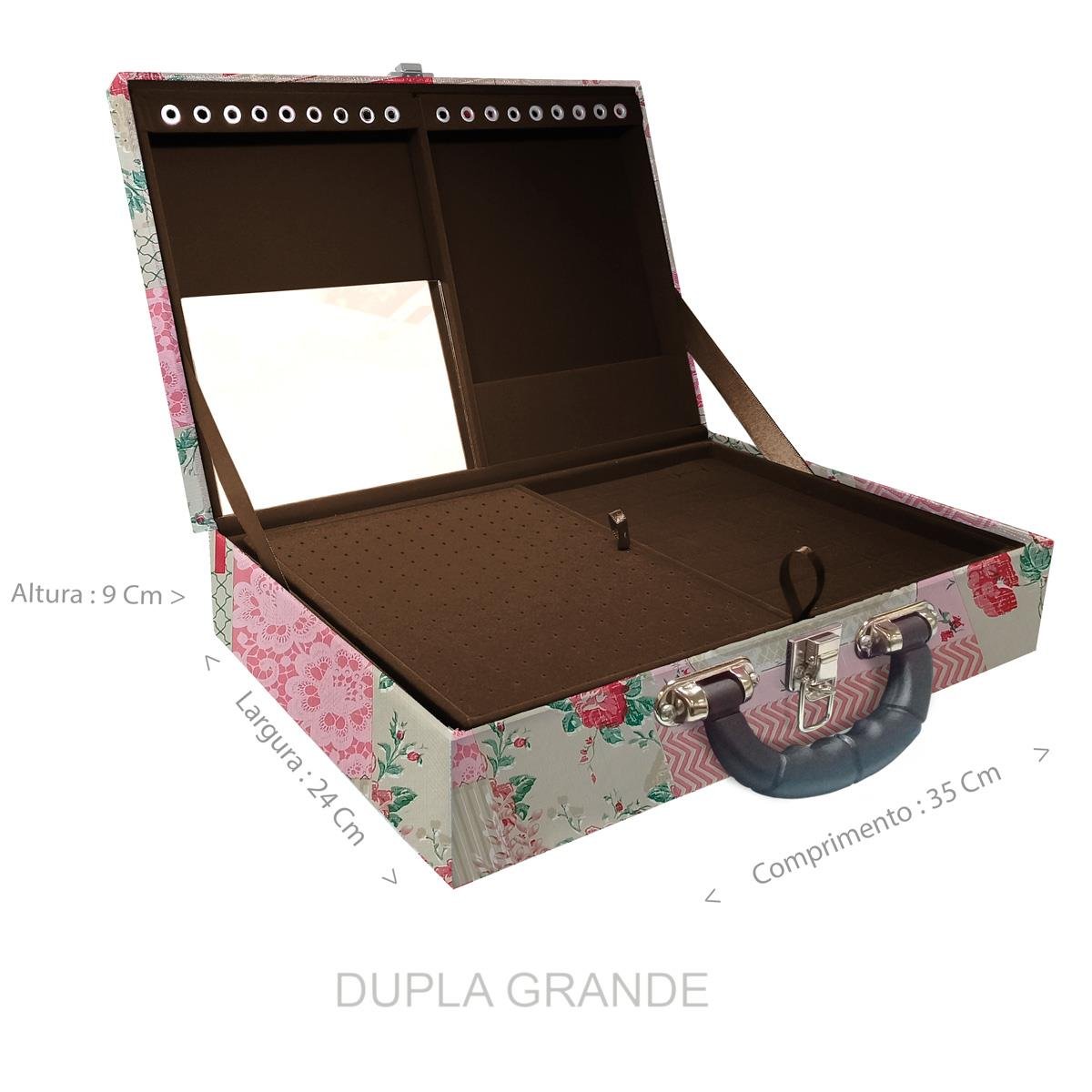 Estojo Maleta Porta Jóias Duplo Grande Feel Good Com Alça Preta e Espelho