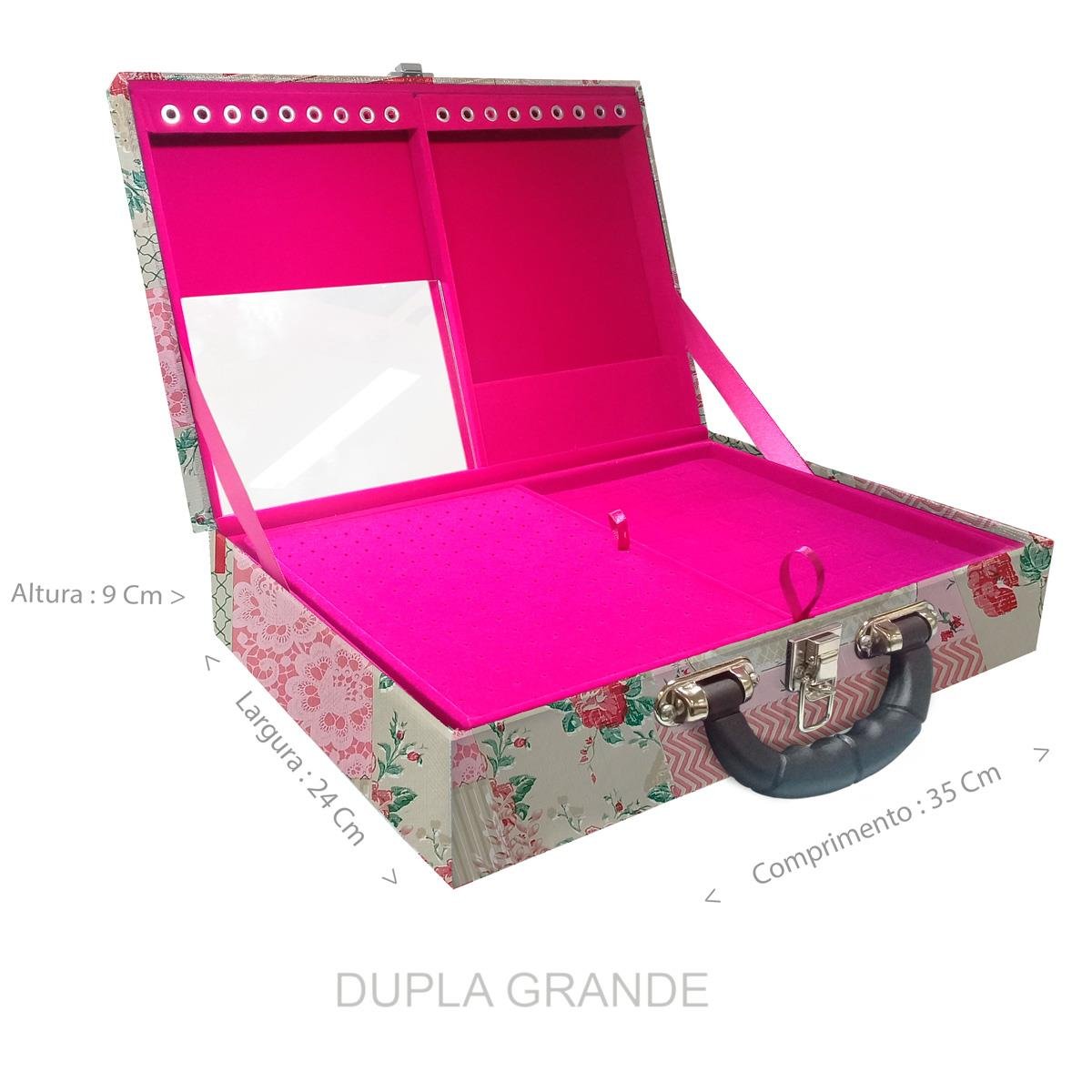 Estojo Maleta Porta Jóias Duplo Grande Feel Good Com Alça Preta e Espelho