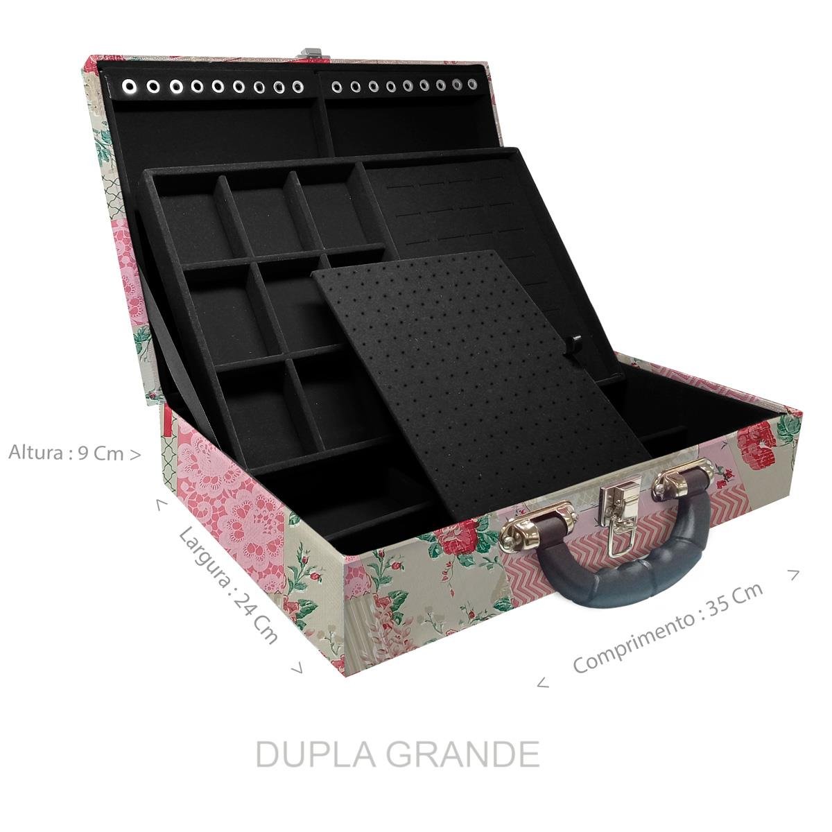 Estojo Maleta Porta Jóias Duplo Grande Feel Good Com Alça Preta e Espelho