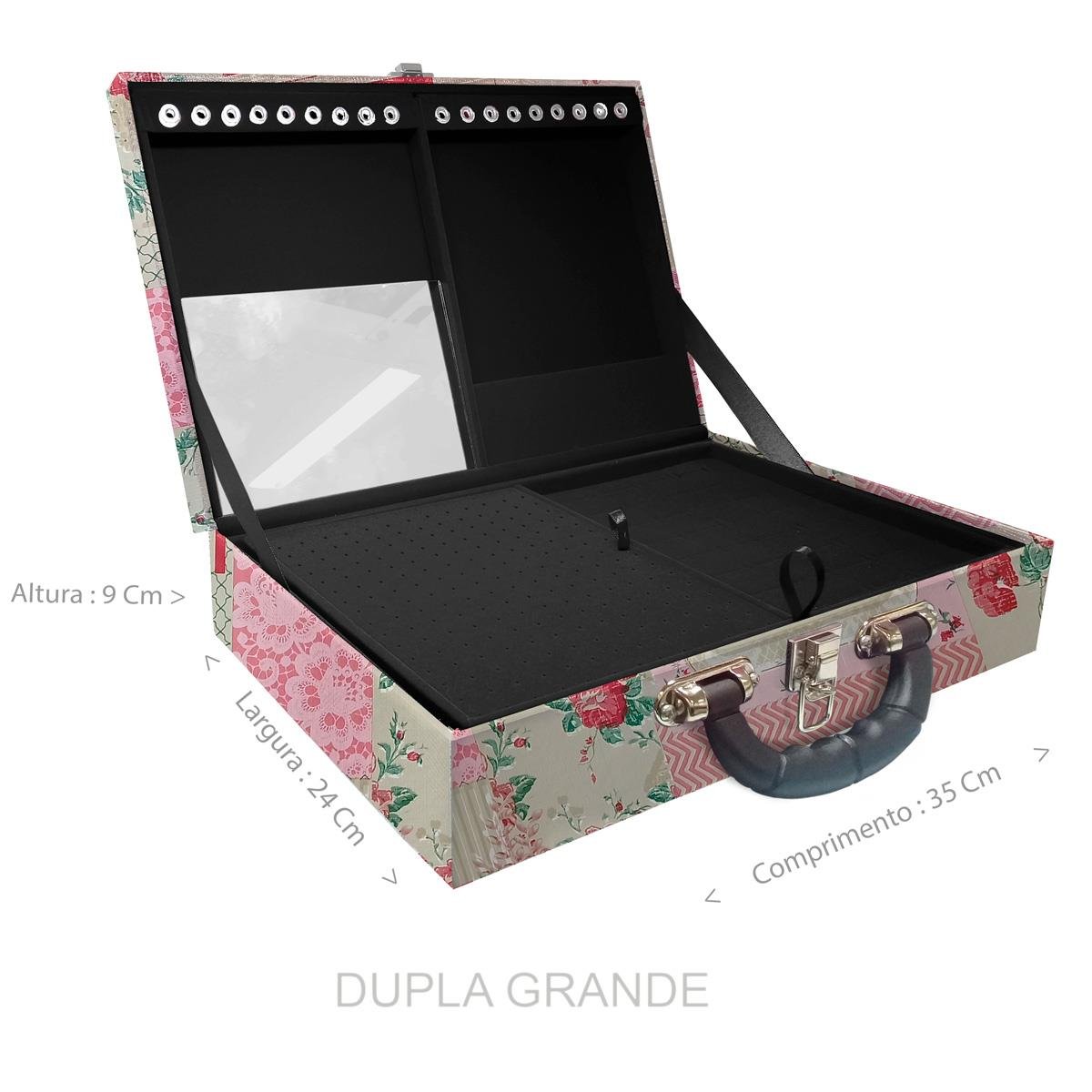 Estojo Maleta Porta Jóias Duplo Grande Feel Good Com Alça Preta e Espelho