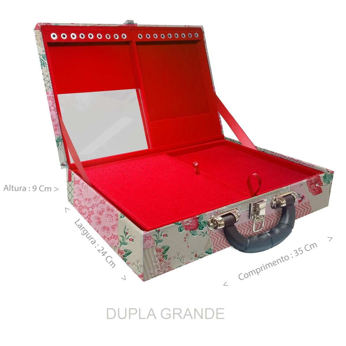 Estojo Maleta Porta Jóias Duplo Grande Feel Good Com Alça Preta e Espelho