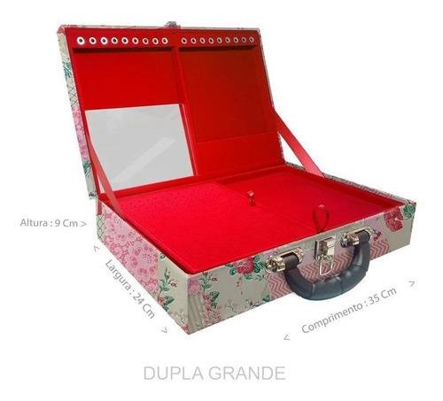 Estojo Maleta Porta Jóias Duplo Grande Feel Good Com Alça Preta e Espelho