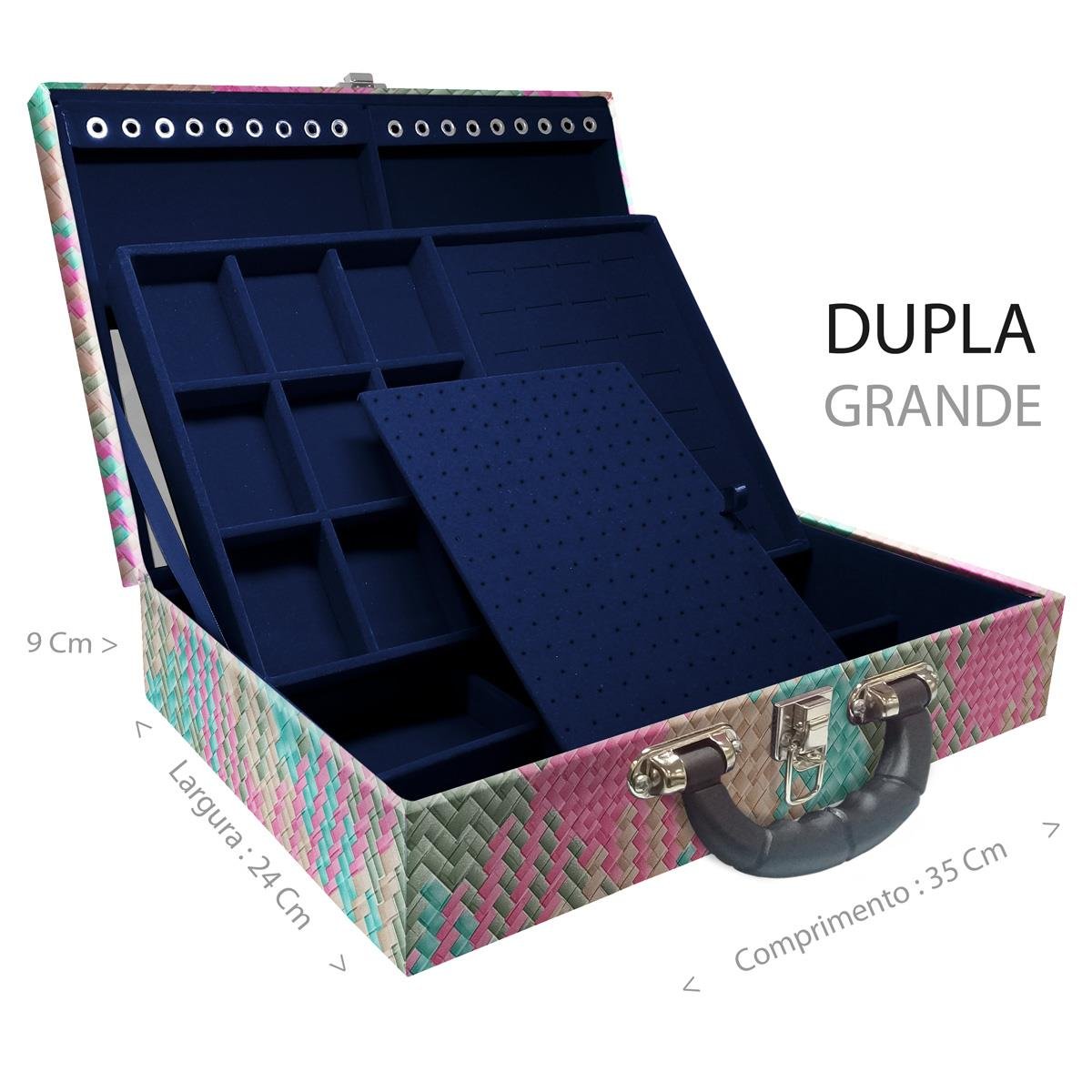 Estojo Maleta Porta Jóias Duplo Grande Fiji Pink Com Alça Preta e Espelho