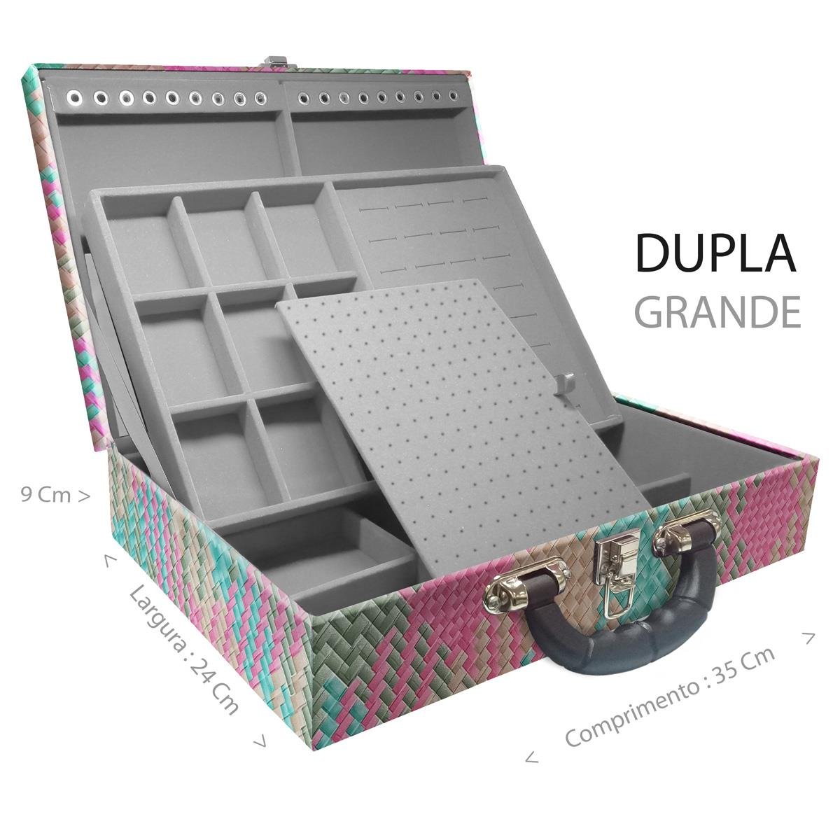 Estojo Maleta Porta Jóias Duplo Grande Fiji Pink Com Alça Preta e Espelho